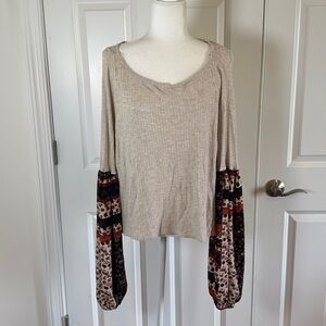 Earthbound Trading Company lwaffle knit top patterned balloon sleeve Size M